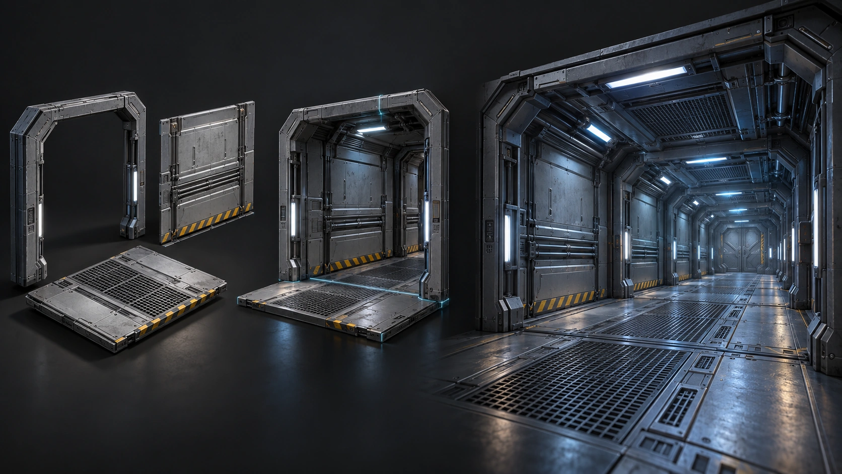 Illustrated modular arch, wall and floor assembled into a corridor