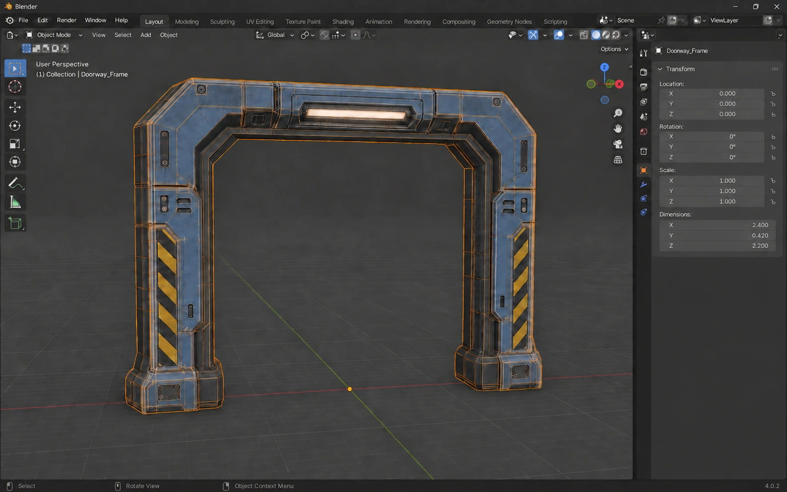 Illustrated Blender doorway source with selected geometry and visible transform fields
