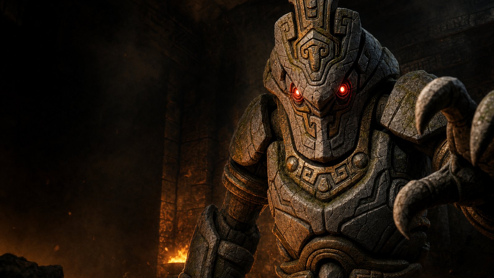 Key art of the Temple Warden stone guardian monster with glowing red eyes in a dark temple