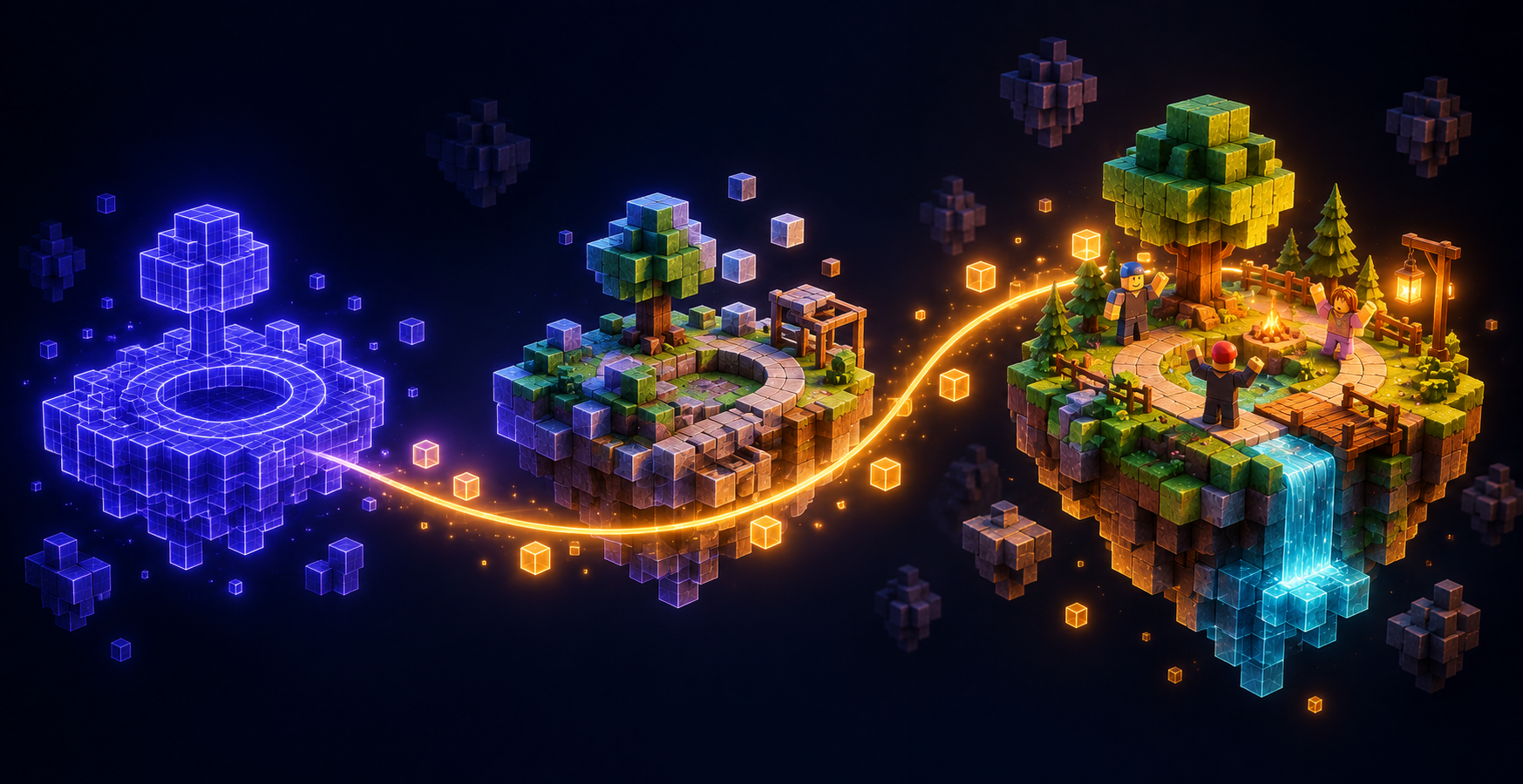 Illustration: a blueprint becomes a built island game, then a live world with players