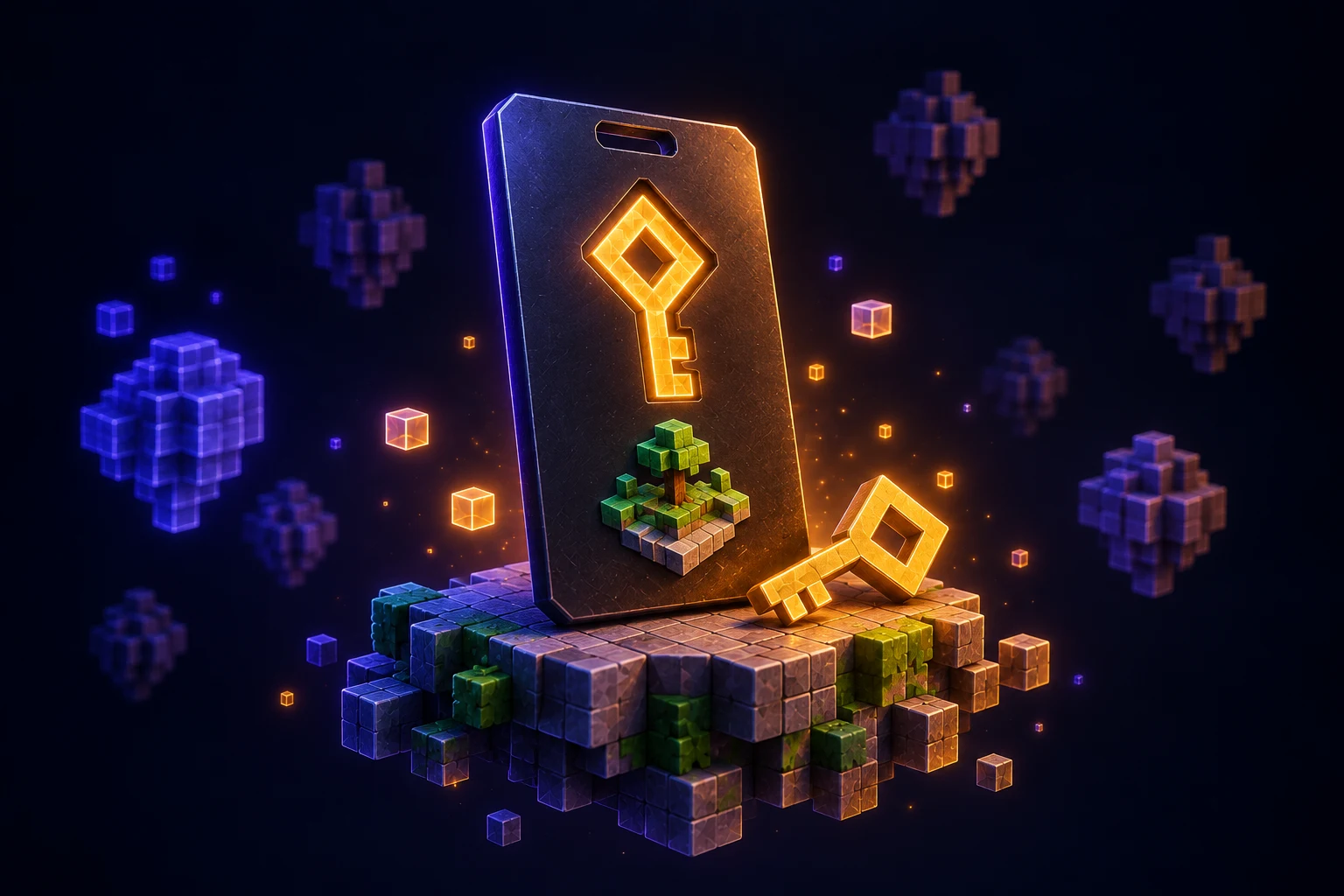Illustration: A dimensional creator pass and key beside a small game island