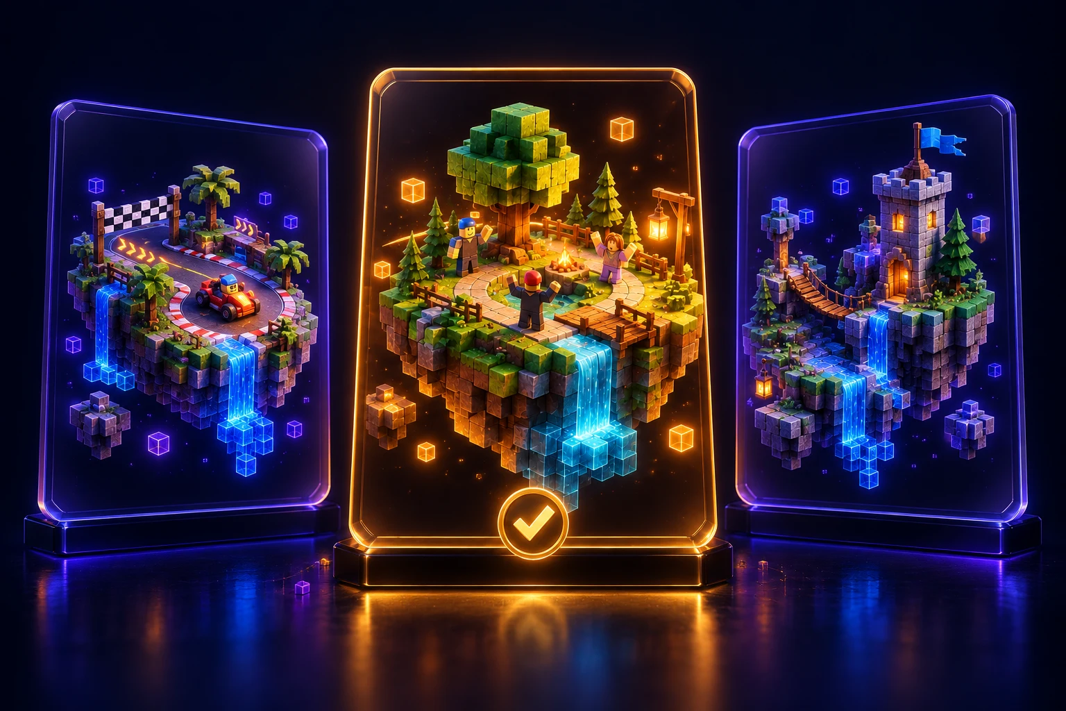 Illustration: Three illustrated game concept cards with one selected in gold