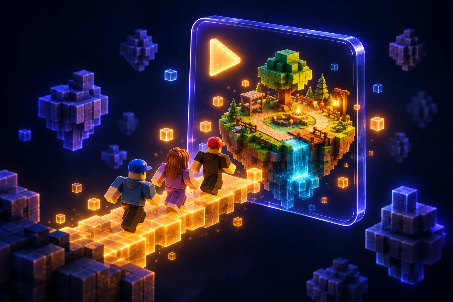 Illustration: Players cross a glowing bridge into a published game tile