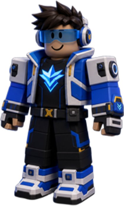 The same character rebuilt as a Roblox-native avatar, shown running on a phone