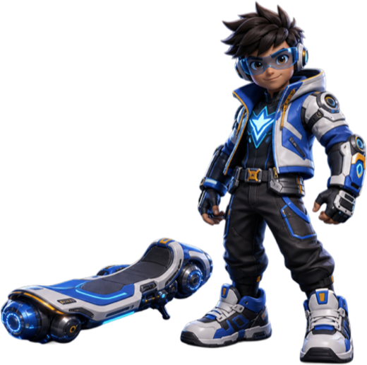 A high-fidelity production character asset with a hoverboard, as it exists in a console or PC pipeline