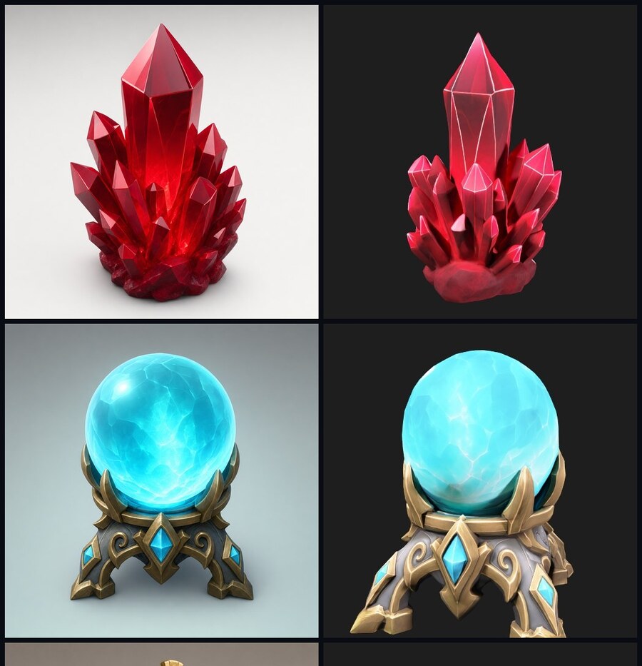 Concept art beside the finished game-ready 3D asset, shown for a crystal formation and a magic orb