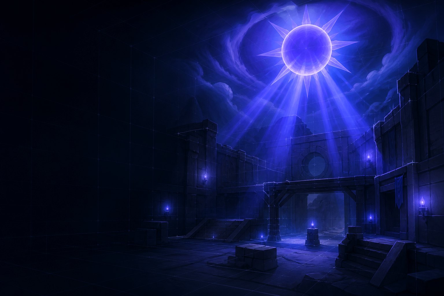 A dark UEFN style stone level with small point lights on the walls that stay dim while a large glowing sky system above overrides them.